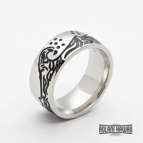 NEW - Stainless Ring engraved with Hawaiian water, mountain and whale tale (8mm width, Barrel Style)